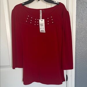 NY Collection Red Blouse with Pearl Details